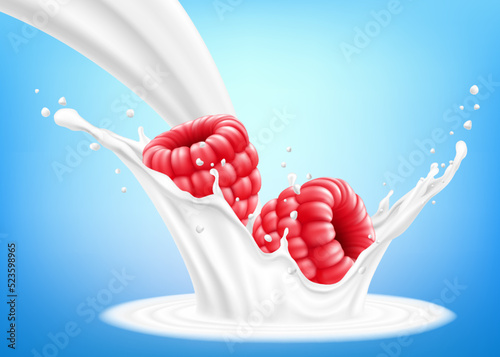 Fresh raspberry in a splash of milk or yogurt. Fresh berry falls into the milk. 3d realistic vector illustration, isolated on blue background. Sweet food. Organic fruit.