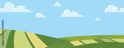 Green countryside field, farm landscape with blue sky and clouds, flat vector illustration.