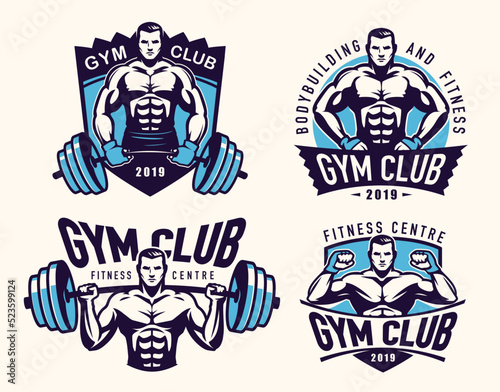 Gym club badge set. Fitness emblems. Athletic muscular man, bodybuilder symbol. Sport concept vector illustration
