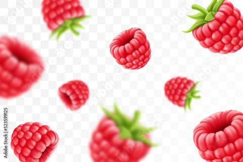 Fototapeta Naklejka Na Ścianę i Meble -  Raspberry background. Flying raspberry with green leaf on transparent background. Raspberry falling from different angles.Focused and blurry objects. 3D realistic vector.