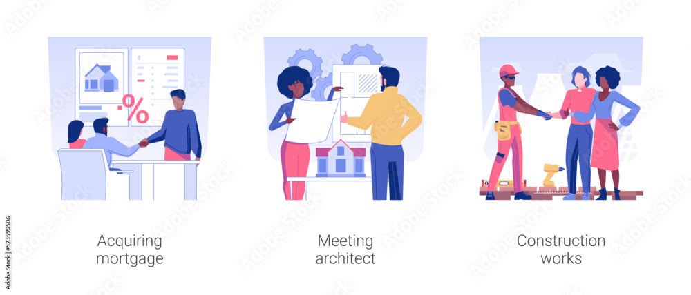 New property building isolated concept vector illustration set. Acquiring mortgage, meeting architect property project and bluepront, construction works, real estate busines vector cartoon.