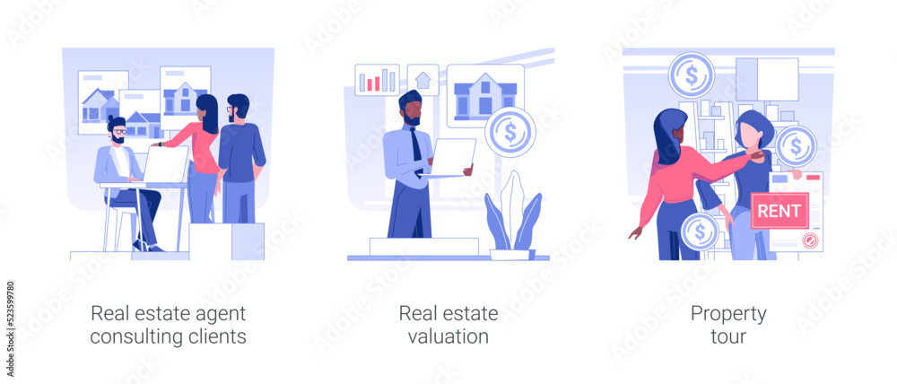 Commercial real estate firm isolated concept vector illustration set. Real estate agent consulting clients, property valuation, rental office tour, contracting broker, b2b sales vector cartoon.