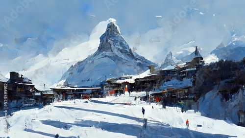Zermatt, digital painting, switzerland mountain during winter. Snowy swiss landscape with Matterhorn. Blue sky and white clouds. 4k scenery, wallpaper background. Panorama view. Ski resort.