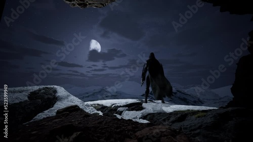 Silhouette of a man, watching epic and fantasy view of snowy mountains from a cave. 3d render