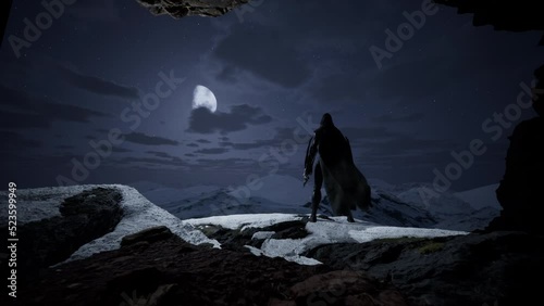 Silhouette of a man, watching epic and fantasy view of snowy mountains from a cave. 3d render photo