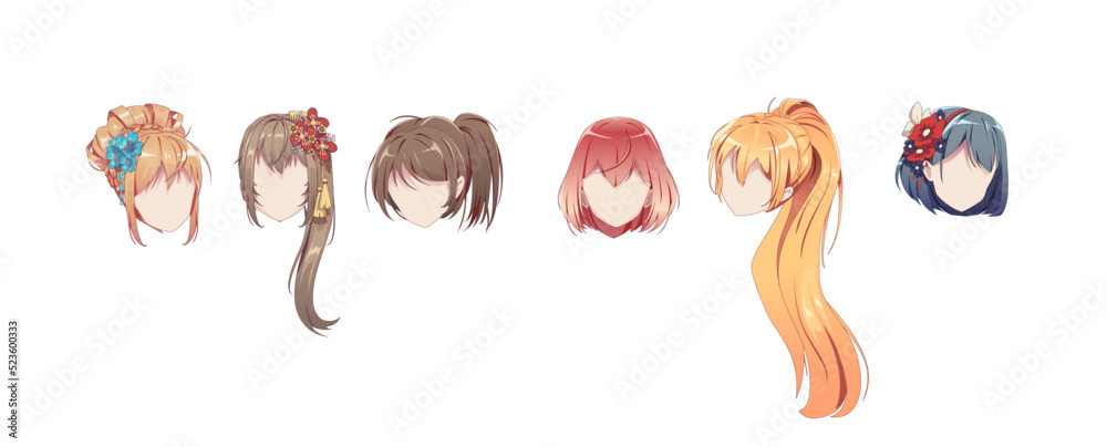 Obraz premium Anime hairstyles. Isolated hair set. Manag wigs. Vector illustration.