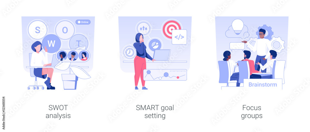 Business analysis instruments isolated concept vector illustration set. SWOT analysis, SMART goal setting, focus groups, IT company team, project management, brainstorming vector cartoon.
