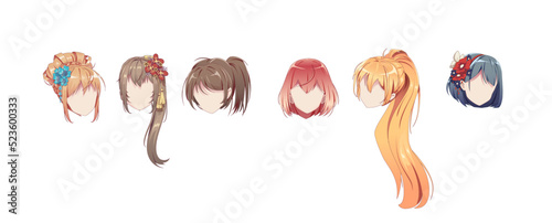 Anime hairstyles. Isolated hair set. Manag wigs. Vector illustration.