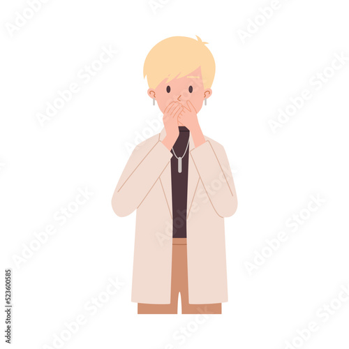 Surprised woman covers her mouth with hands, flat vector illustration isolated.