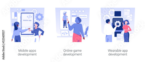 Back end engineering isolated concept vector illustration set. Mobile apps and online game development, wearable app engineering, applications for smart watch, modern technology vector cartoon.