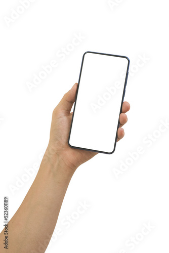 Hand holding smart phone with white blank screen isolated on transparent background - PNG format.