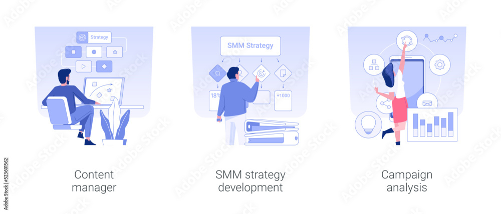 Fototapeta premium Social media marketing isolated concept vector illustration set. Content manager, SMM strategy development, campaign analysis, digital marketing strategy, internet advertising vector cartoon.