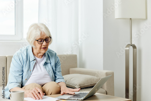 an elderly woman is sitting at home on a cozy sofa  working intently in a comfortable environment with a laptop and making notes on sheets of paper  being attentive to her business