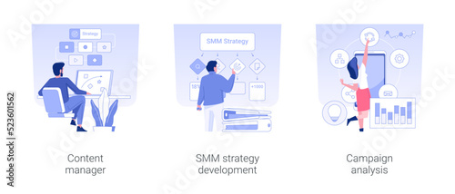 Social media marketing isolated concept vector illustration set. Content manager, SMM strategy development, campaign analysis, digital marketing strategy, internet advertising vector cartoon.
