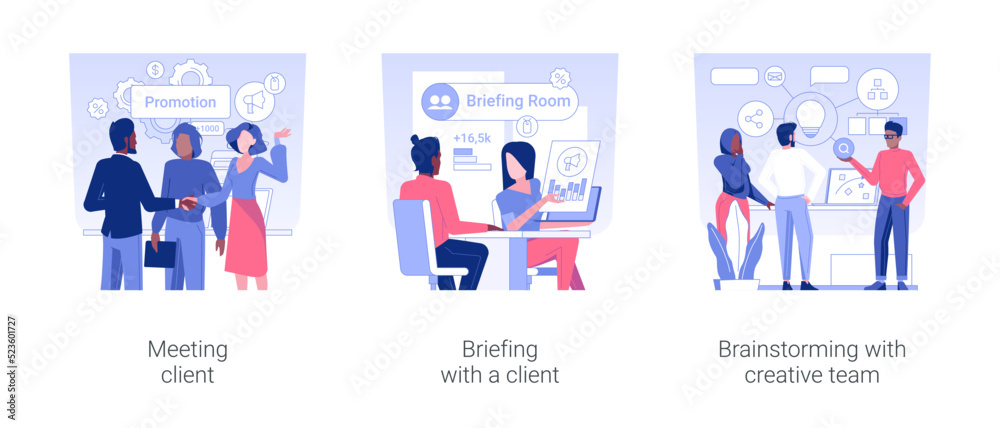 Advertising agency isolated concept vector illustration set. Meeting client, briefing and discussing promotion strategy, brainstorming with creative team, digital marketing vector cartoon.