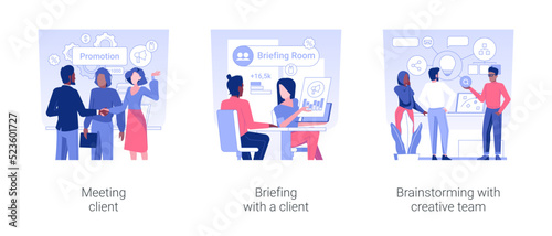Advertising agency isolated concept vector illustration set. Meeting client, briefing and discussing promotion strategy, brainstorming with creative team, digital marketing vector cartoon.