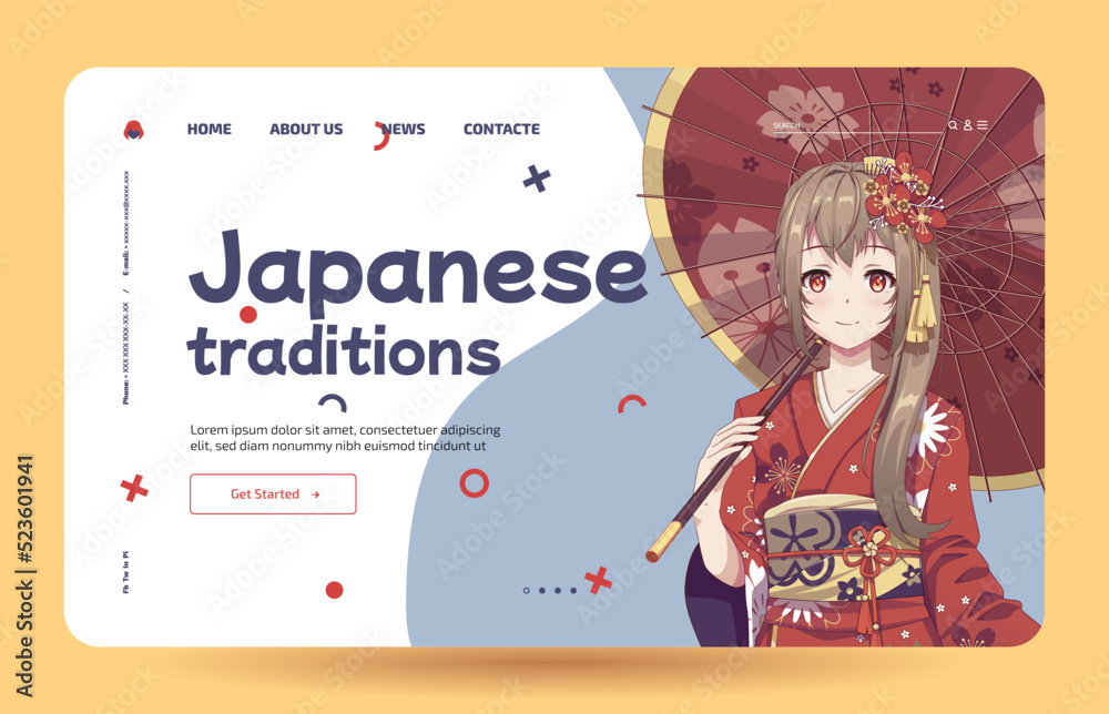 Anime manga girls in traditional Japanese kimono costume holding umbrella. Learn Japanese - Landing page template Anime manga girls in traditional Japanese kimono costume holding umbrella. Learn Japanese - Landing page template
