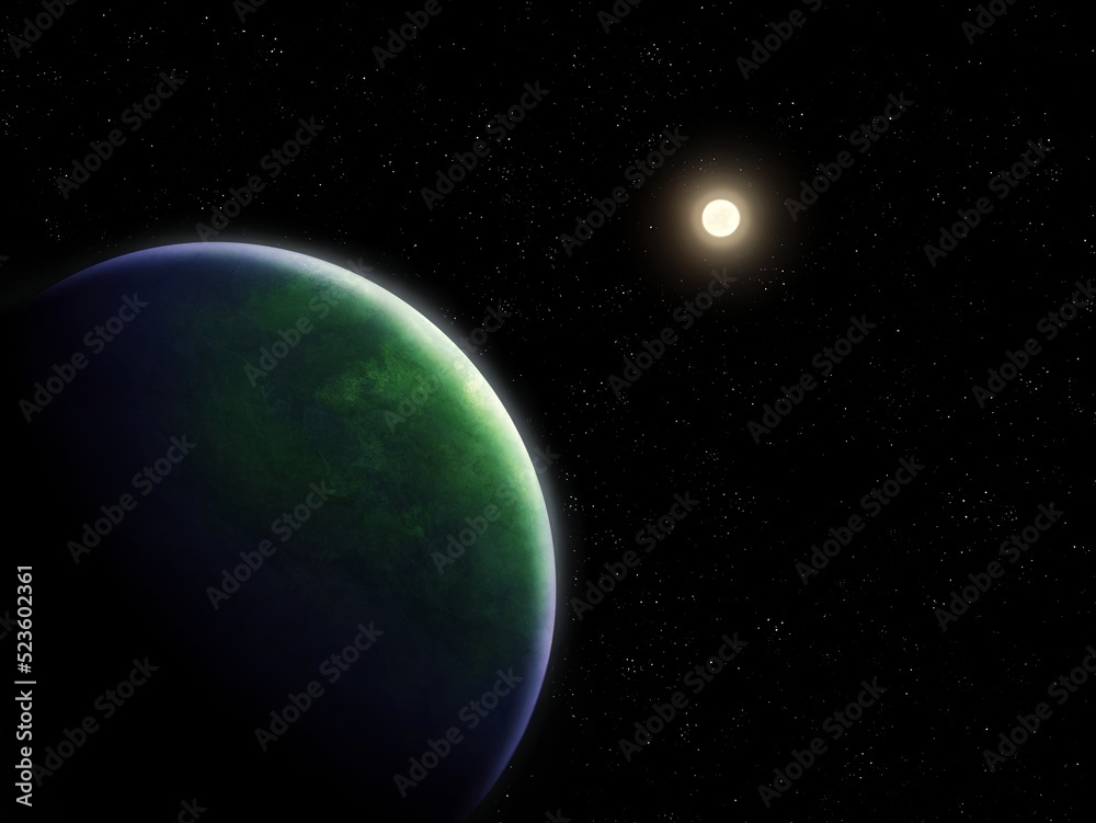 Planet in the Habitable Zone. Earth-like planet near the star. Beautiful exoplanet in space.