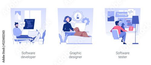 Remote IT jobs isolated concept vector illustration set. Software developer, graphic designer, software tester, self-employed professionals, digital nomad, work from home vector cartoon.