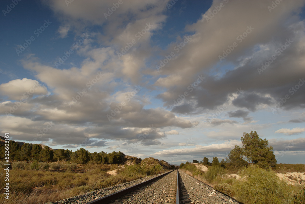 Vía de ferrocarril atravesando un entorno rural, con cielo con nubes y claros. Cercanía de la estación de Calasparra (Murcia, España).