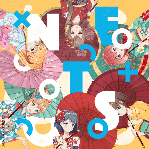 Poster or flyer. Anime manga girls in traditional Japanese kimono costume holding paper umbrella. Vector illustration on isolated background