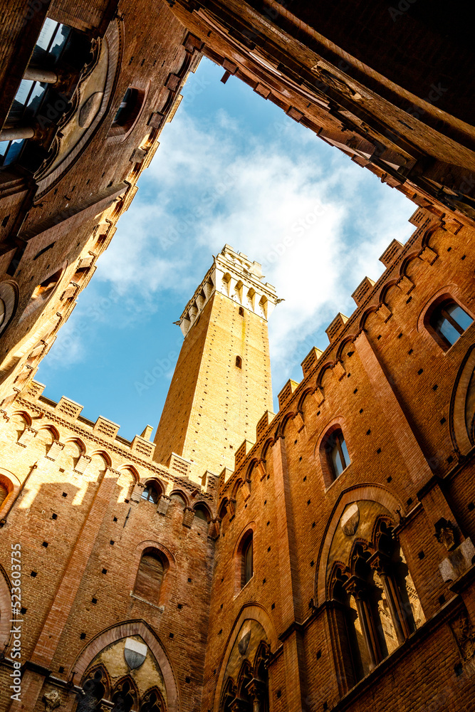 Interior courtyard and tower  of the city hall (in italian: Palazzo Comunale or Palazzo Pubblico) in Siena, Tuscany, Italy, Europe