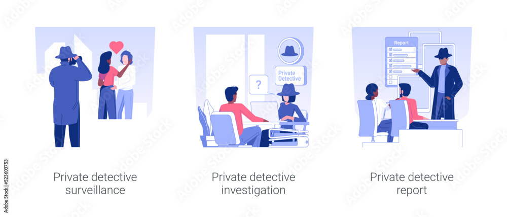 Private detective services isolated concept vector illustration set. Private detective surveillance and investigation, report to a client, interviewing people, watching a couple vector cartoon.