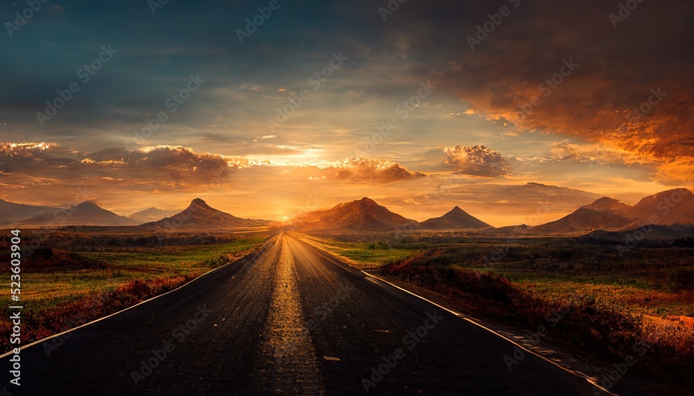 Nature landscape of sunset light above asphalt road.