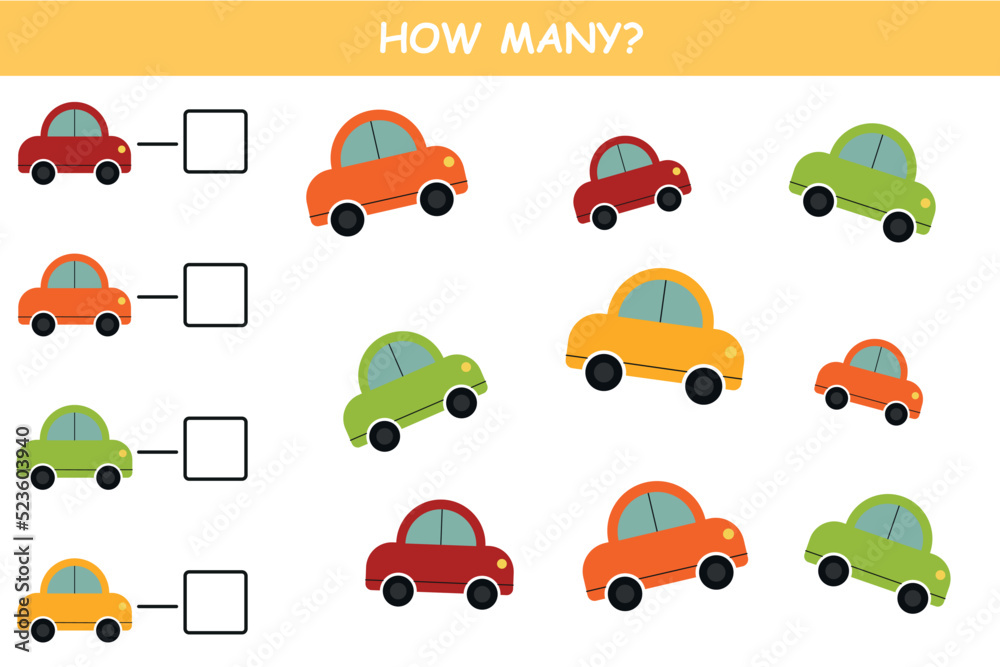 set of cars. How many car are there. Math game for kids. Printable worksheet for preschoolers. 