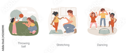 Physical exercise in autism daycare center isolated cartoon vector illustration set. Throwing ball, stretching and dancing, motor development, fun physical exercise, rehabilitation vector cartoon. © Vector Juice