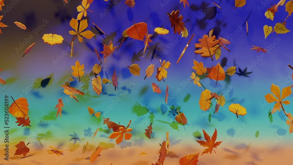 3D rendering. Lots of 3D modeled leaves falling from a tree with a blue, green and orange colored background. Falling autumn leaves for the season of the year. 3D rendering. Lots of 3D modeled leaves falling from a tree with a blue, green and orange colored background. Falling autumn leaves for the season of the year.