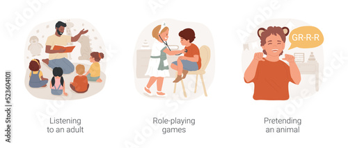 Behavior therapy in autism daycare isolated cartoon vector illustration set. Listening to an adult, role-playing games, pretending an animal, early education, developmental delay vector cartoon.