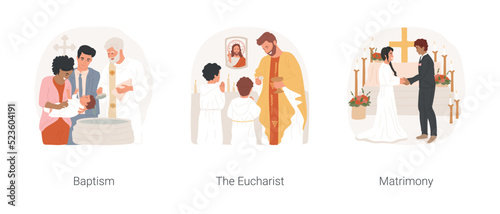 Christian traditions isolated cartoon vector illustration set. Priest making Baptism sacrament, kid going to Eucharist holy communion, matrimony in church, catholic wedding ceremony vector cartoon.
