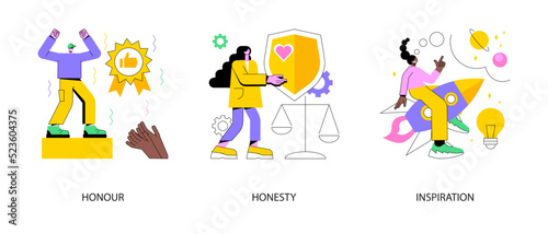 Moral principles abstract concept vector illustration set. Honour and honesty, creative inspiration, professional quality, new idea brainstorming, ethics and value, public respect abstract metaphor.