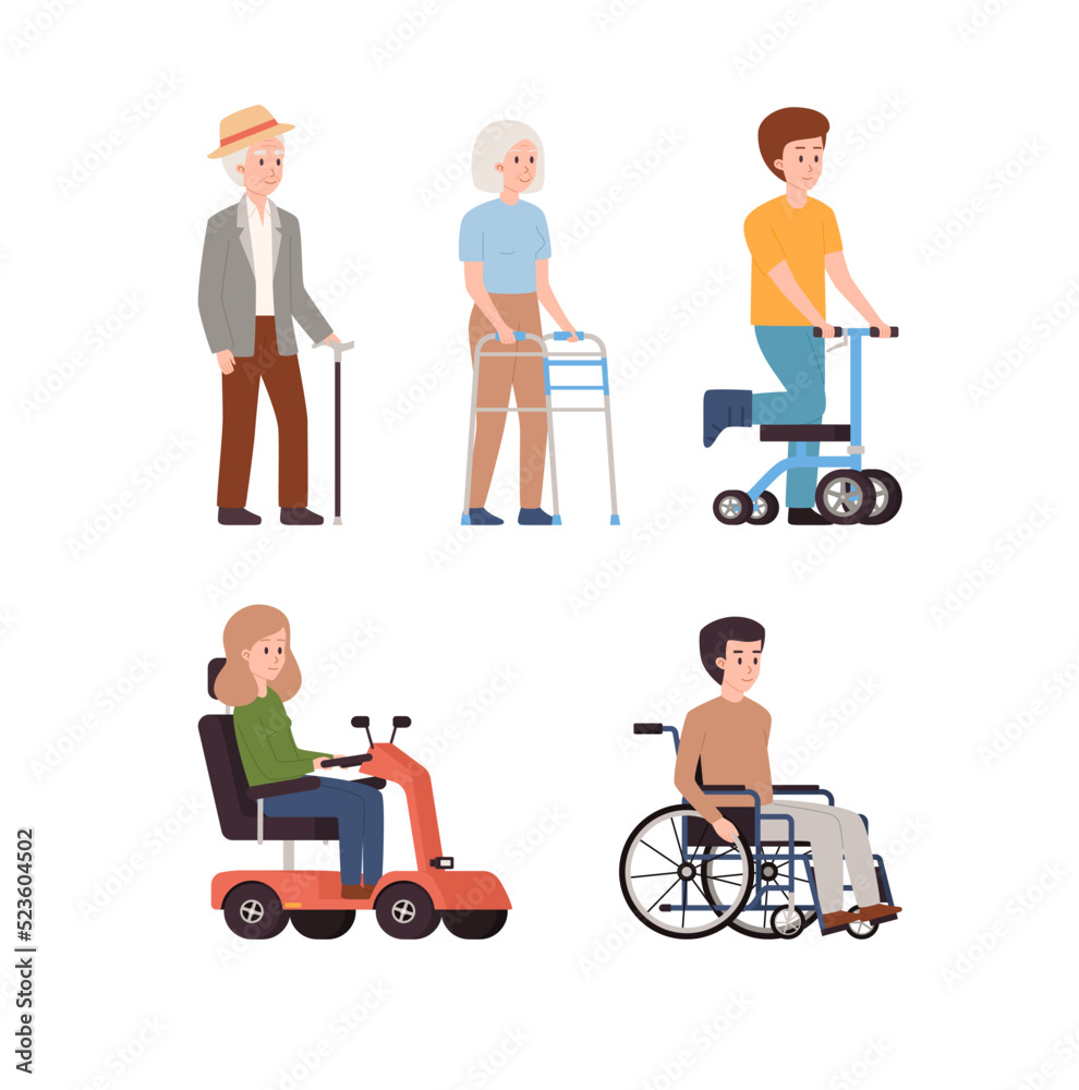 Set of people using different orthopedic equipment flat style