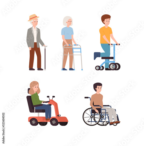 Set of people using different orthopedic equipment flat style