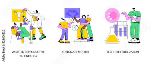 Infertility procedures abstract concept vector illustration set. Assisted reproductive technology, surrogate mother, test tube fertilization, pregnant woman, artificial insemination abstract metaphor.