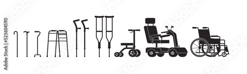 Set of orthopedic equipment for helping disabled people flat style photo