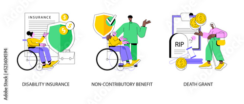 State allowance abstract concept vector illustration set. Disability insurance, non-contributory benefit, death grant, disabled person, home nurse, car accident, emergency payment abstract metaphor.