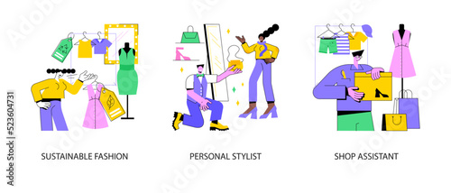 Shopping abstract concept vector illustration set. Sustainable fashion, personal stylist, shop assistant, organic clothes, man and woman style, dressing room, customer service abstract metaphor.