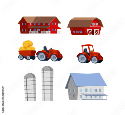 Farming and agriculture set with barns and tractors, flat vector isolated.