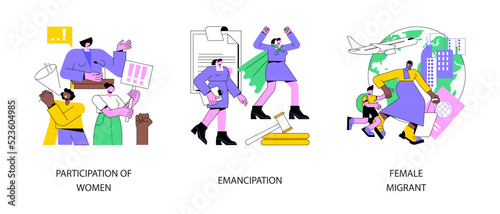 Gender equality abstract concept vector illustration set. Participation of women, emancipation and social equal rights, female migrant, female speaker leader, businesswoman ambition abstract metaphor.