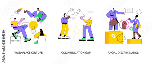 Corporate culture abstract concept vector illustration set. Workplace culture, communication gap, racial discrimination, company team, body language, bullying and harassment abstract metaphor.