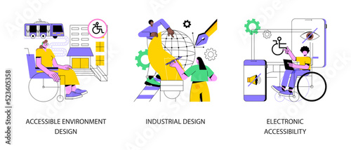 Barrier-free environment abstract concept vector illustration set. Accessible environment design, industrial product usability and ergonomics, electronic accessibility for disabled abstract metaphor.