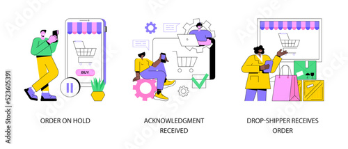 Booking processing abstract concept vector illustration set. Order on hold, acknowledgment received, drop-shipper receives order, payment confirmation, online purchase shipping abstract metaphor.