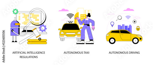 Driverless transport legislation abstract concept vector illustration set. Artificial intelligence regulations, autonomous taxi driving, AI development, future transport system abstract metaphor.