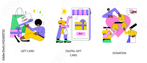 Money spending abstract concept vector illustration set. Gift certificate, e-commerce program, digital gift card, donation fund, charity organization, buy present, mobile store app abstract metaphor.