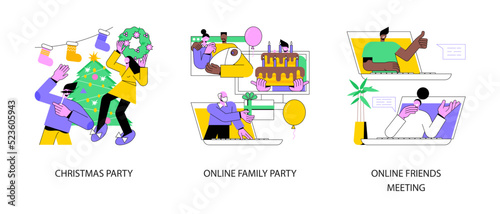 Celebration event abstract concept vector illustration set. Christmas party, online family party, video call friends meeting, giving presents, social distancing, quarantine fun abstract metaphor.