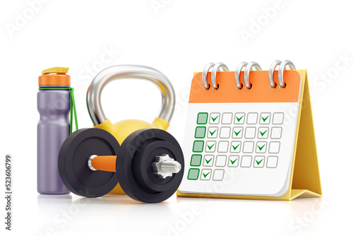 Fitness Scheduling. A dumbbell, a kettlebell and a water bottle are beside a tasks planner and all of them are on white background. 3D rendering graphics on the theme of Sport and Fitness Industry.