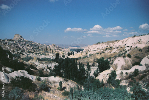 Cappadocia landscape. Stone cave houses in Cappadocia, Turkey. Grainy film in the style of old photos